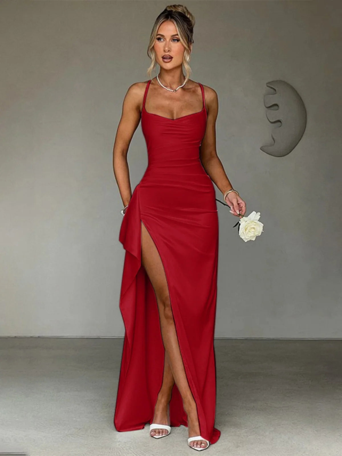 Vestido longo psado de cetim, ajustado, cintura alta, fenda lateral, estilo sexy, sem mangas, estampa floral, fechamento c...