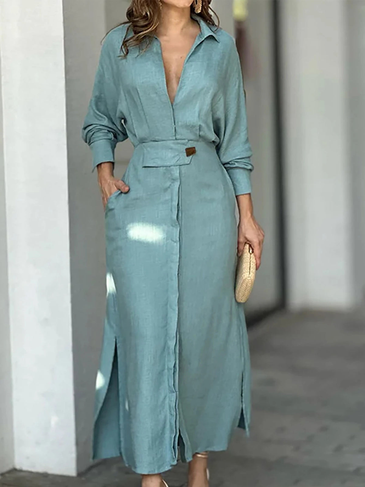 Vestidos Feminino De Lapela De Manga Comprida De Cor Sólida