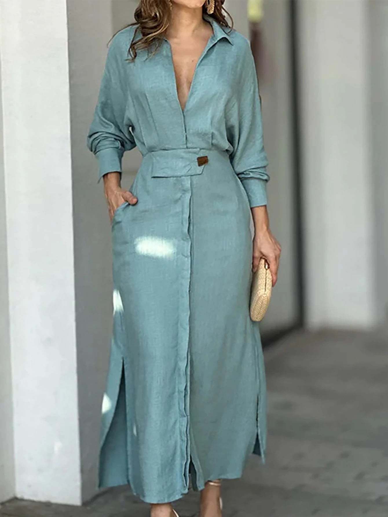 Vestidos Feminino De Lapela De Manga Comprida De Cor Sólida