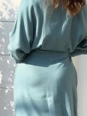 Vestidos Feminino De Lapela De Manga Comprida De Cor Sólida