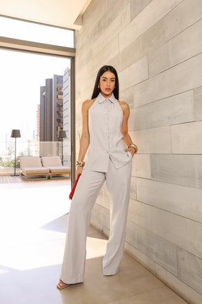 Conjunto feminino alfaiataria premium com calça reta e blusa frente única gola social