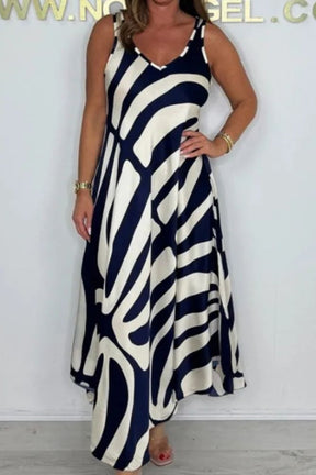 Temperamento commuter vestido feminino de seda segmento misto moda impressa sem mangas com decote em v vestido solto com bolsos verão legal