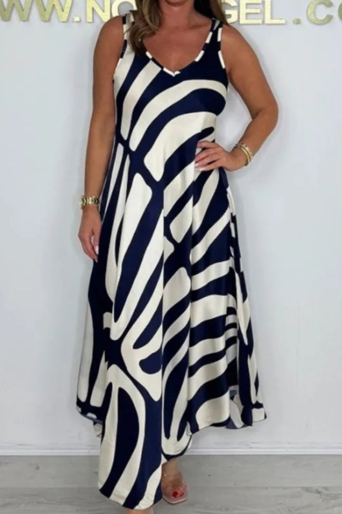 Temperamento commuter vestido feminino de seda segmento misto moda impressa sem mangas com decote em v vestido solto com bolsos verão legal