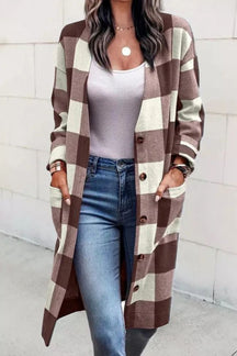 Novo casaco de lã com bolso xadrez solto feminino