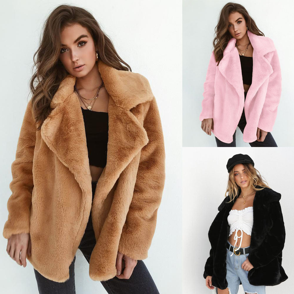 Amazon eBay moda europea y americana Otoño e Invierno deseo abrigo sexy felpa solapa Slim abrigo de pele de las mujeres