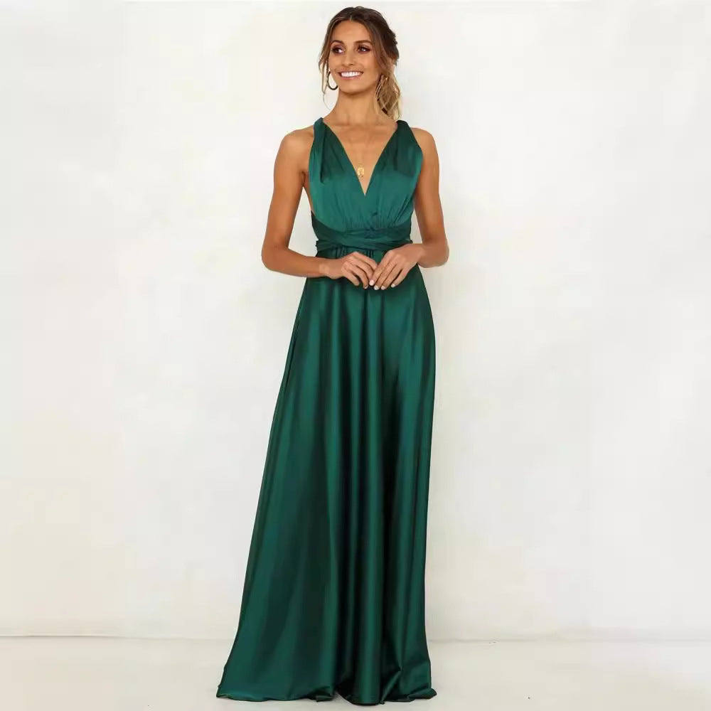 Mulher usando vestido longo verde esmeralda elegante para festa