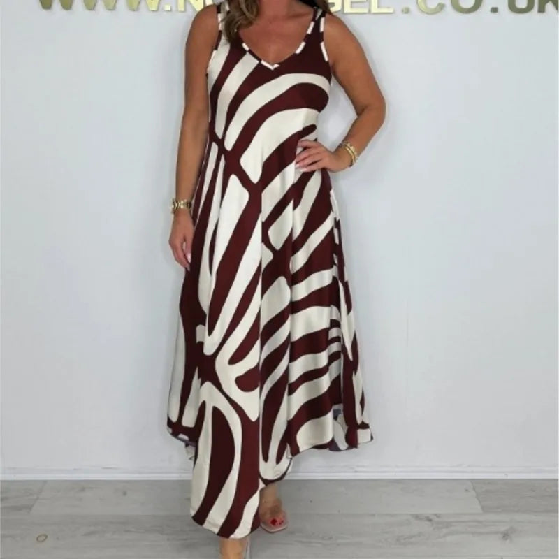 Temperamento commuter vestido feminino de seda segmento misto moda impressa sem mangas com decote em v vestido solto com bolsos verão legal