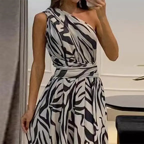 Vestido Longo E de Cintura Alta, Sem Costas, de Um Ombro Só, Sem Mangas, Estampado para Mulheres, Tecido de Poliéster,...
