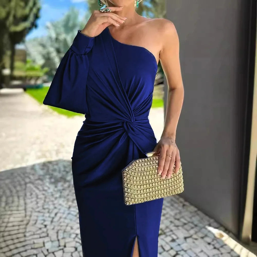 Vestido de verão, novo estilo, slim fit, cor pura, ombro inclinado com nó, fenda independente, suco de vendas internacionais.