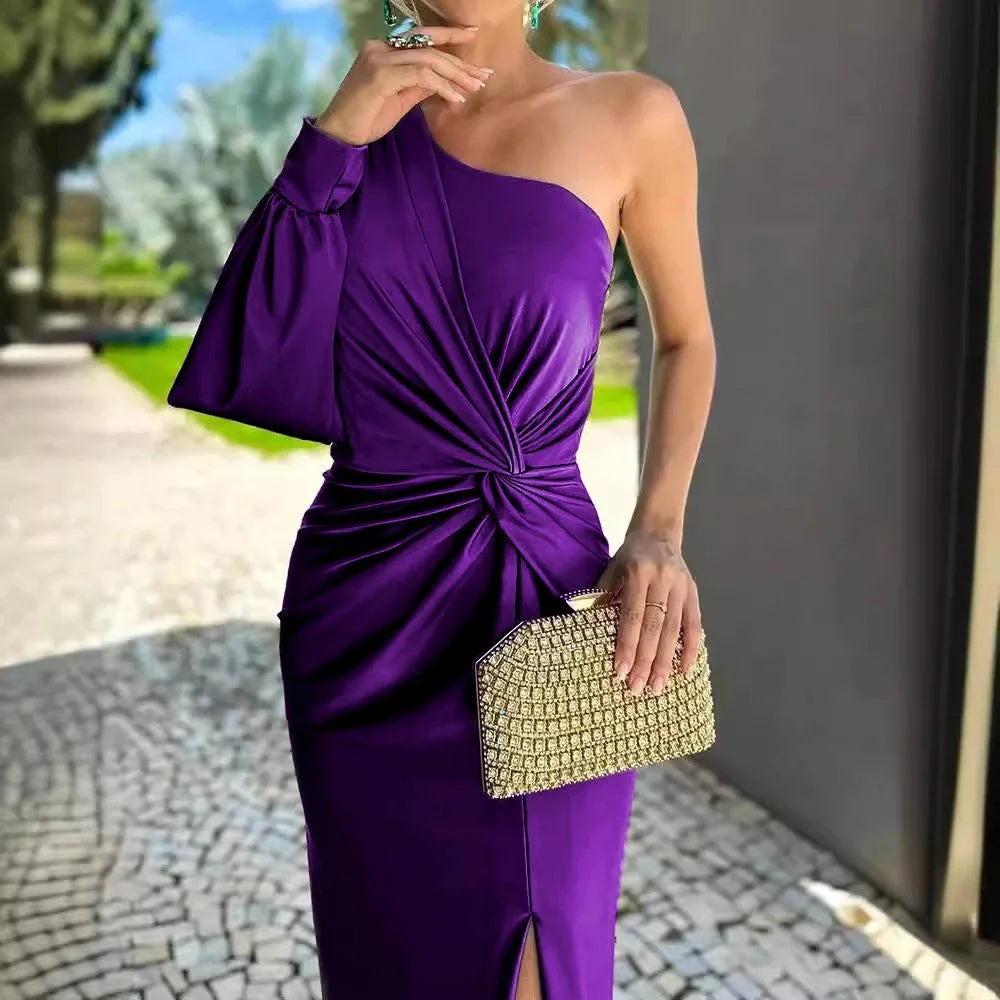 Vestido de verão, novo estilo, slim fit, cor pura, ombro inclinado com nó, fenda independente, suco de vendas internacionais.
