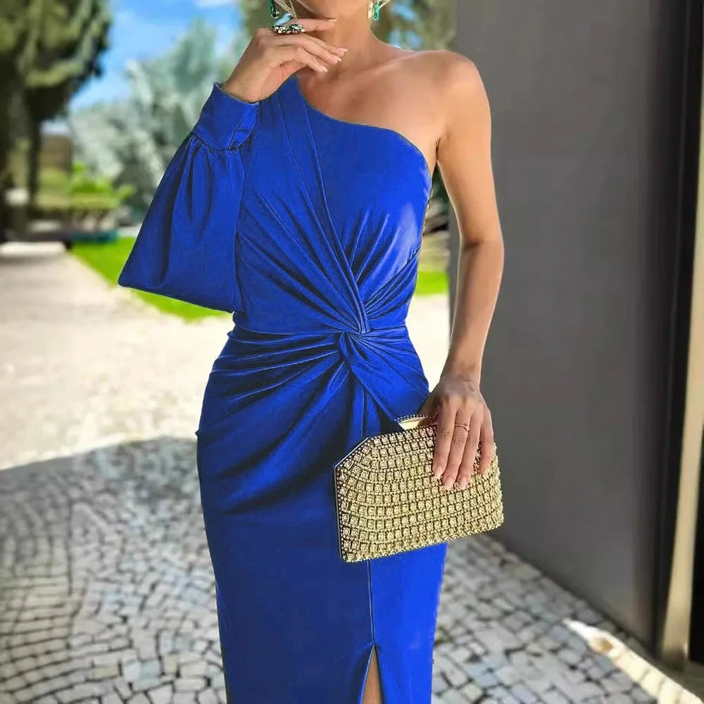 Vestido de verão, novo estilo, slim fit, cor pura, ombro inclinado com nó, fenda independente, suco de vendas internacionais.