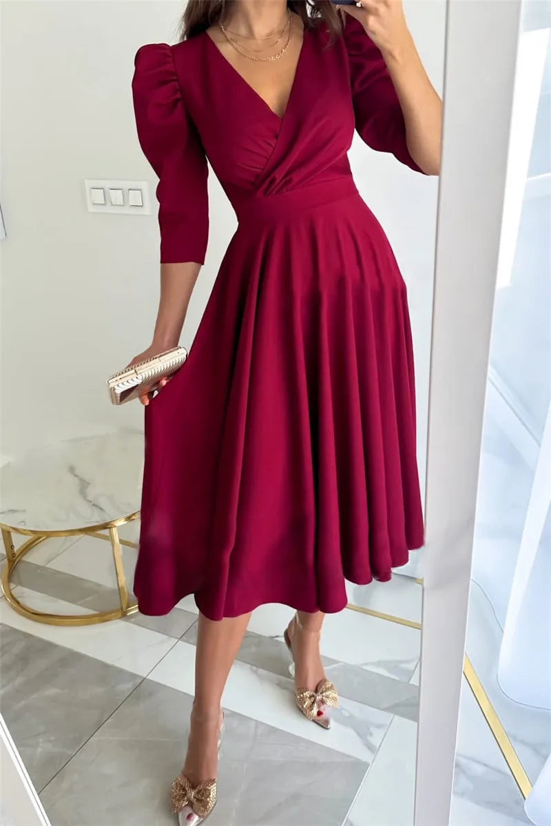 Novo vestido longo de verão em chiffon com decote em V, cintura marcada, manga bufante e estilo chinês de princesa.