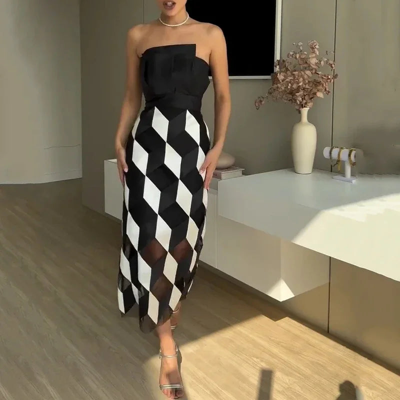 Midi vestido feminino moda sem mangas tubo cortada cintura contraste multifacetado impresso vestidos de festa à noite streetwear