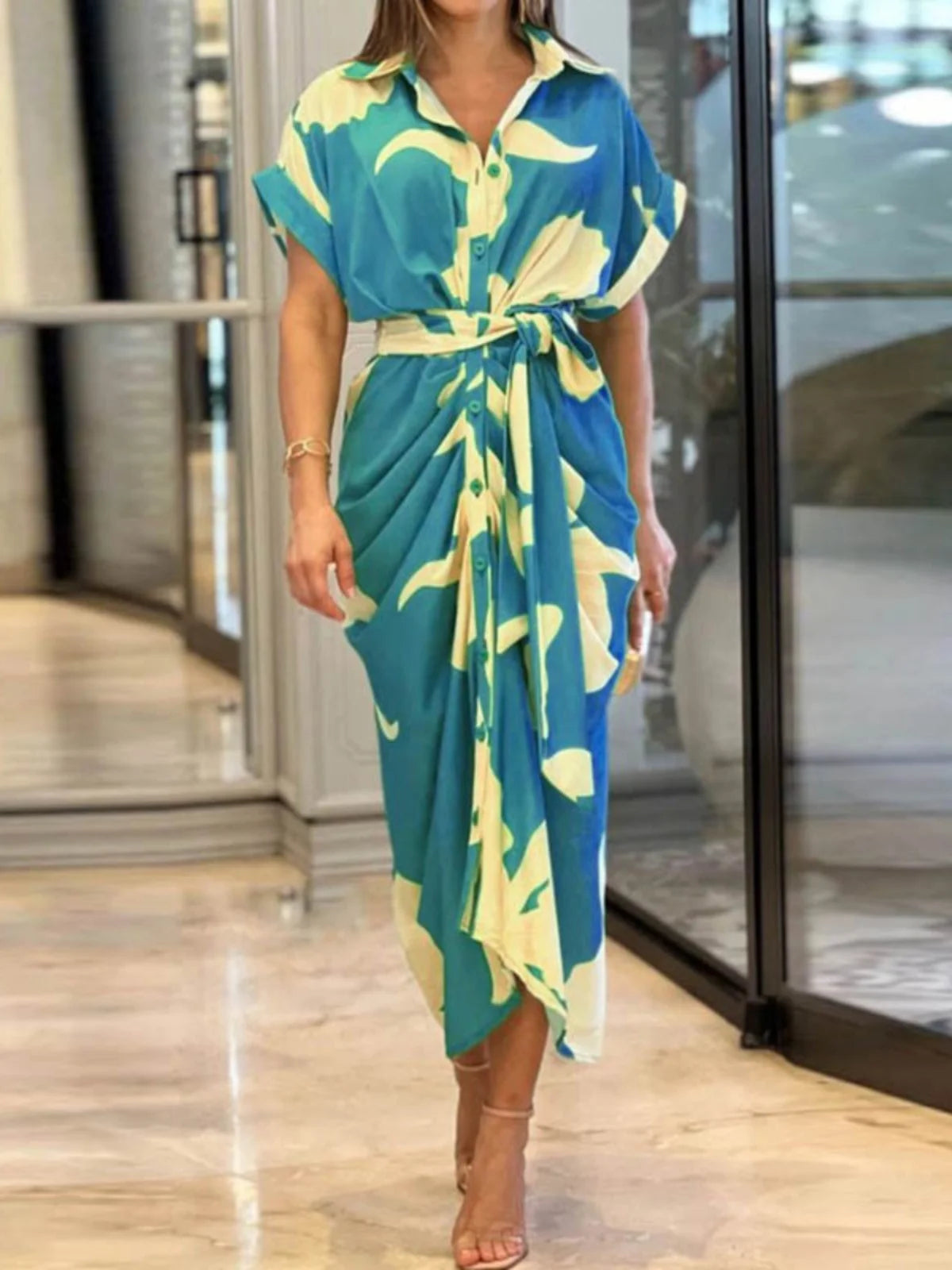 Vestido csa estampado de cintura alta f gola virada para baixo saia longa casual solto manga curta estilo rua moda