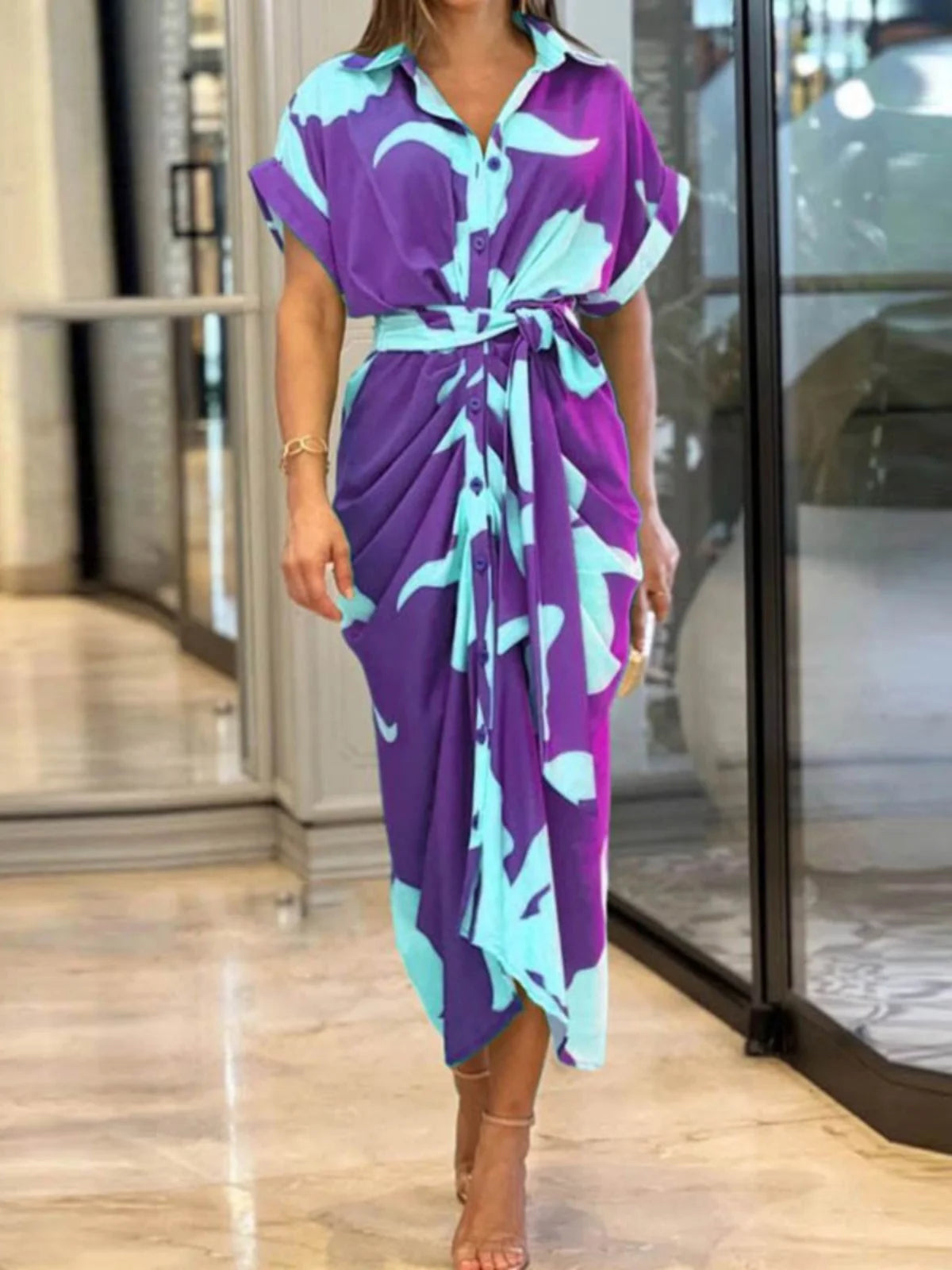Vestido csa estampado de cintura alta f gola virada para baixo saia longa casual solto manga curta estilo rua moda