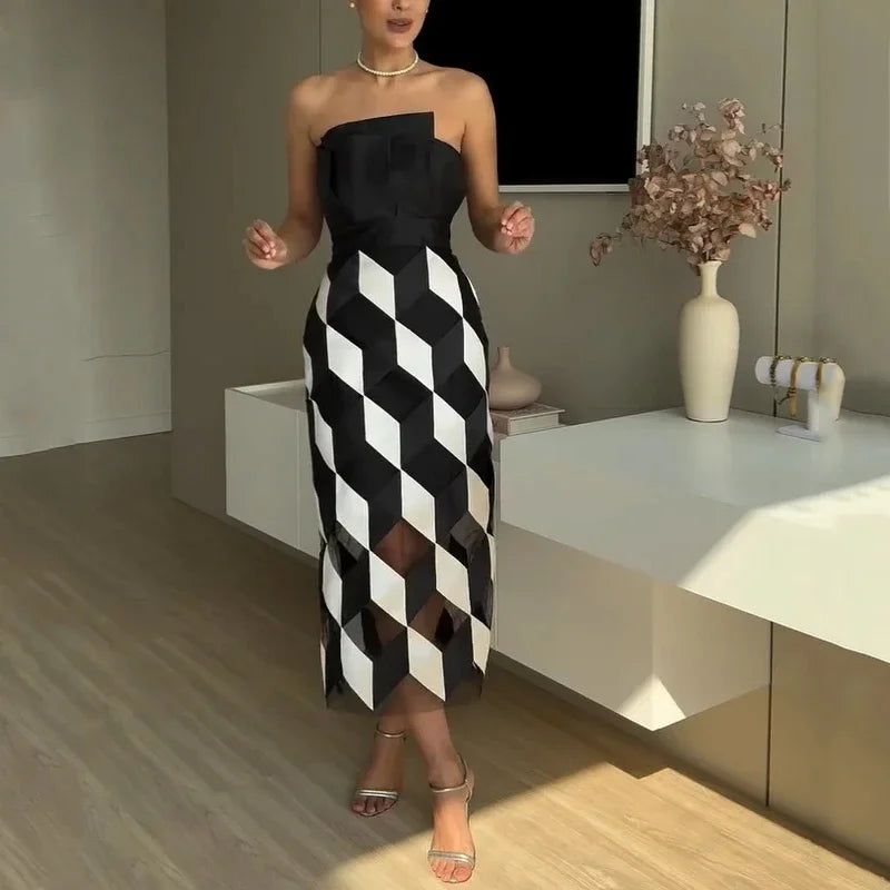Midi vestido feminino moda sem mangas tubo cortada cintura contraste multifacetado impresso vestidos de festa à noite streetwear