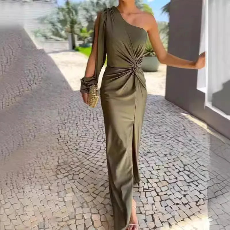 Vestido de verão, novo estilo, slim fit, cor pura, ombro inclinado com nó, fenda independente, suco de vendas internacionais.