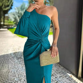 Vestido de verão, novo estilo, slim fit, cor pura, ombro inclinado com nó, fenda independente, suco de vendas internacionais.