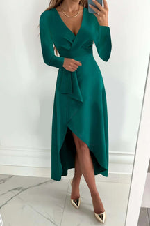 LongSve vestido f de manga crida com gola em v, bainha franzida, manga regular, poliéster, outono inverno, estilo b...