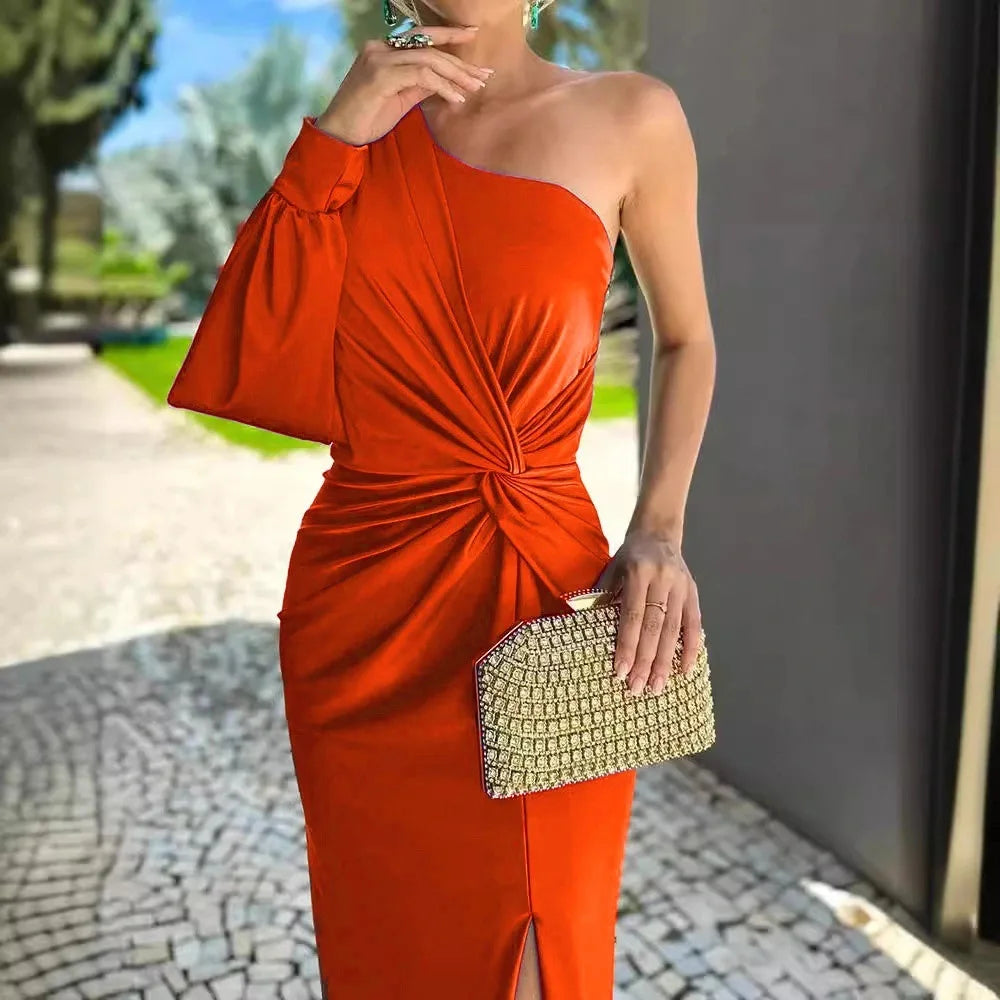 Vestido de verão, novo estilo, slim fit, cor pura, ombro inclinado com nó, fenda independente, suco de vendas internacionais.