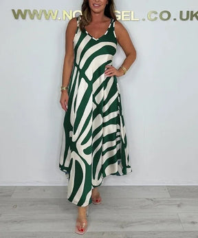 Temperamento commuter vestido feminino de seda segmento misto moda impressa sem mangas com decote em v vestido solto com bolsos verão legal