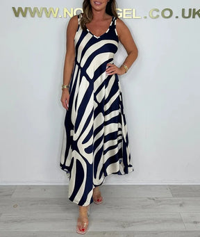 Temperamento commuter vestido feminino de seda segmento misto moda impressa sem mangas com decote em v vestido solto com bolsos verão legal
