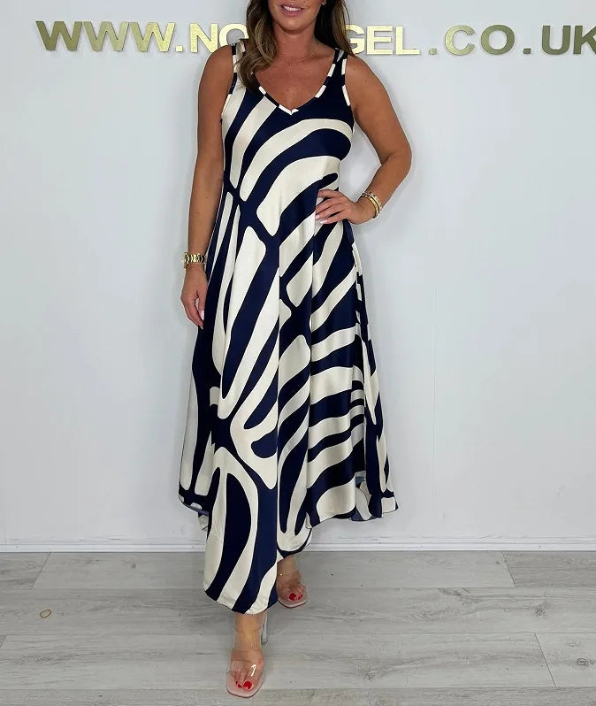 Temperamento commuter vestido feminino de seda segmento misto moda impressa sem mangas com decote em v vestido solto com bolsos verão legal