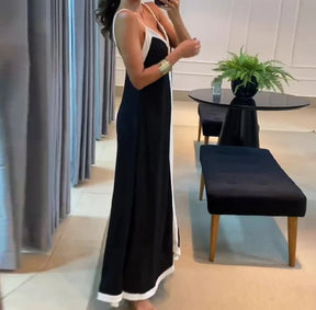 Vestidos longos soltos, decote em v, casual, preto e branco, contraste, elegante, roupas de verão, moda, 2024