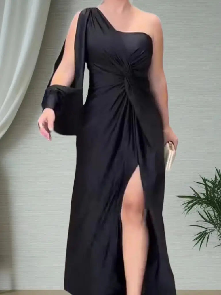 Vestido de verão, novo estilo, slim fit, cor pura, ombro inclinado com nó, fenda independente, suco de vendas internacionais.