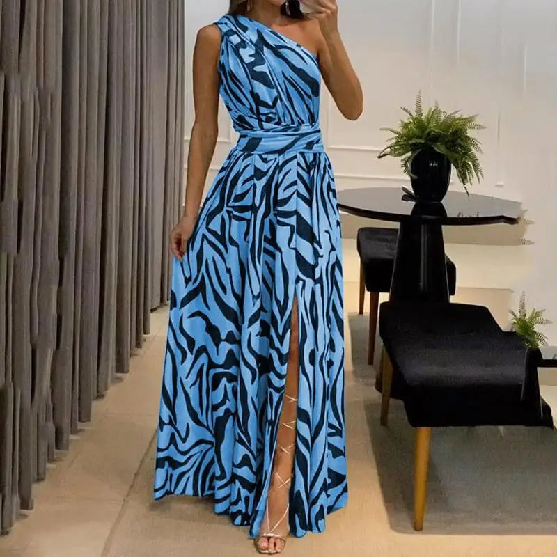 Vestido Longo E de Cintura Alta, Sem Costas, de Um Ombro Só, Sem Mangas, Estampado para Mulheres, Tecido de Poliéster,...