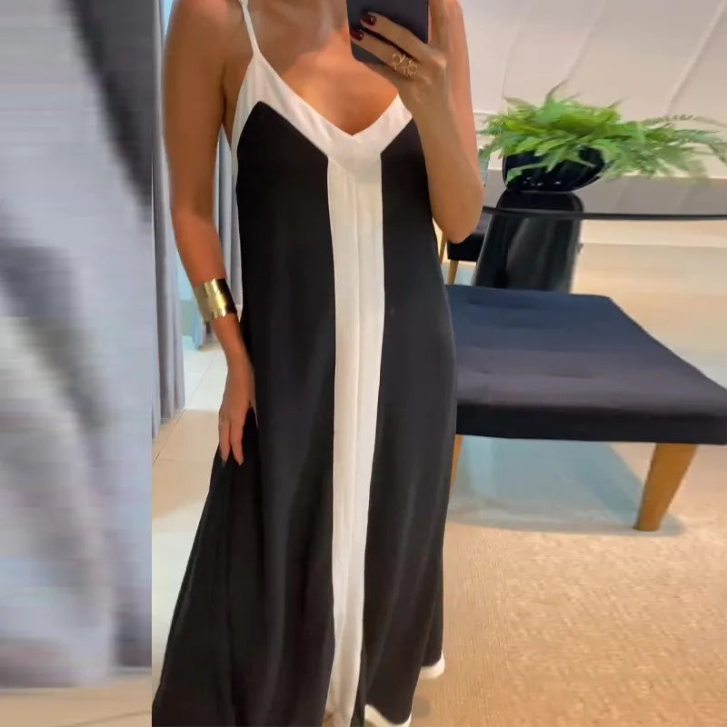 Vestido Longo Preto e Branco Feminino com Alças Finas
