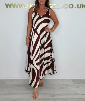 Temperamento commuter vestido feminino de seda segmento misto moda impressa sem mangas com decote em v vestido solto com bolsos verão legal