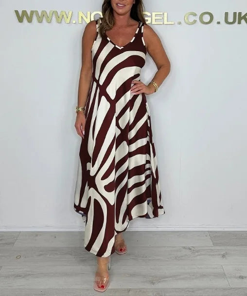 Temperamento commuter vestido feminino de seda segmento misto moda impressa sem mangas com decote em v vestido solto com bolsos verão legal