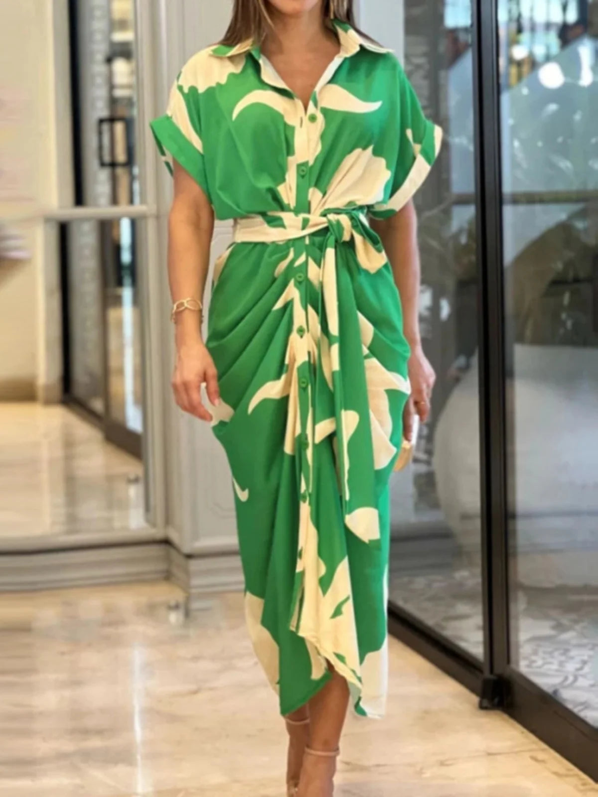 Vestido csa estampado de cintura alta f gola virada para baixo saia longa casual solto manga curta estilo rua moda