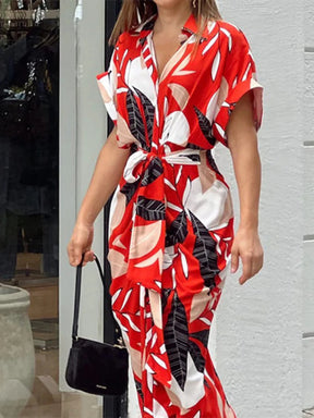 Vestido csa estampado de cintura alta f gola virada para baixo saia longa casual solto manga curta estilo rua moda