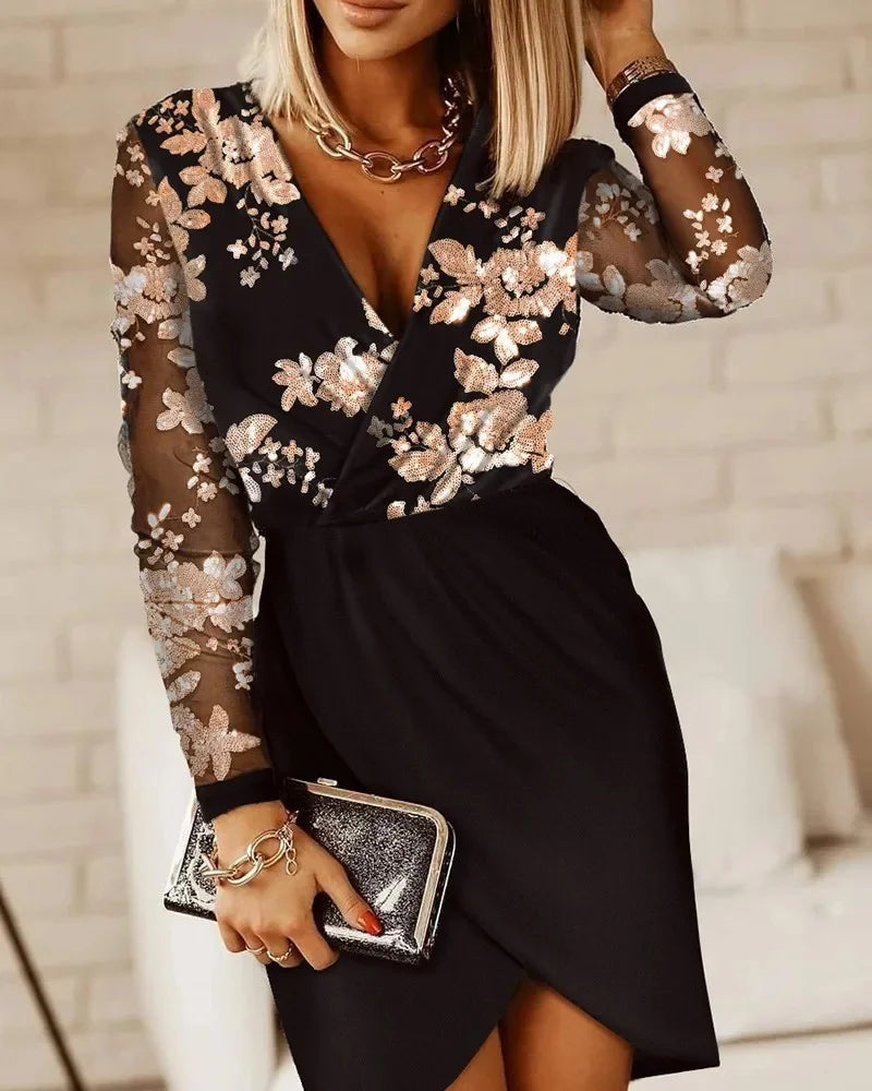 Elegante verde cor sólida envoltório peito saia curta vestido feminino moda transfronteiriça mini vestido com decote em v manga cheia fibra de poliéster