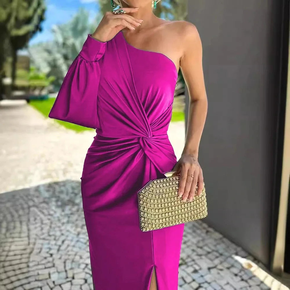 Vestido de verão, novo estilo, slim fit, cor pura, ombro inclinado com nó, fenda independente, suco de vendas internacionais.