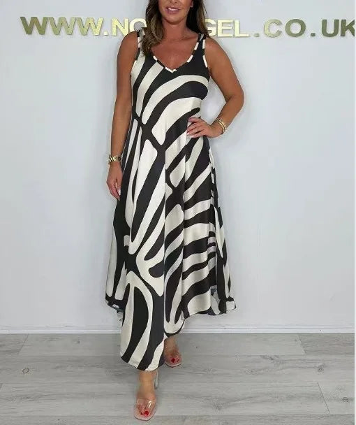 Temperamento commuter vestido feminino de seda segmento misto moda impressa sem mangas com decote em v vestido solto com bolsos verão legal