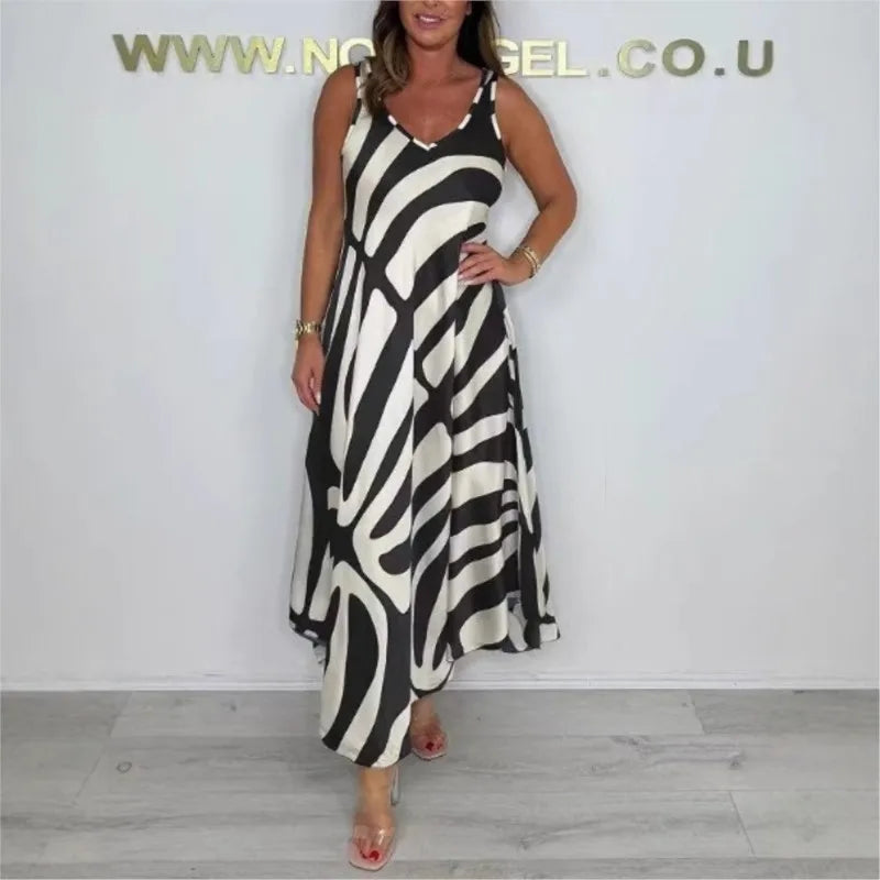 Temperamento commuter vestido feminino de seda segmento misto moda impressa sem mangas com decote em v vestido solto com bolsos verão legal