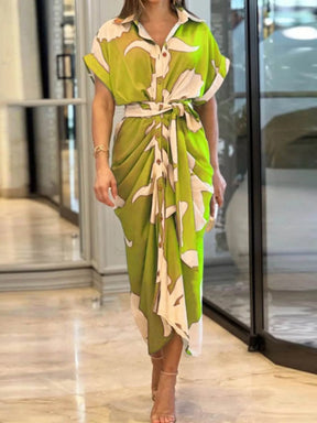 Vestido csa estampado de cintura alta f gola virada para baixo saia longa casual solto manga curta estilo rua moda