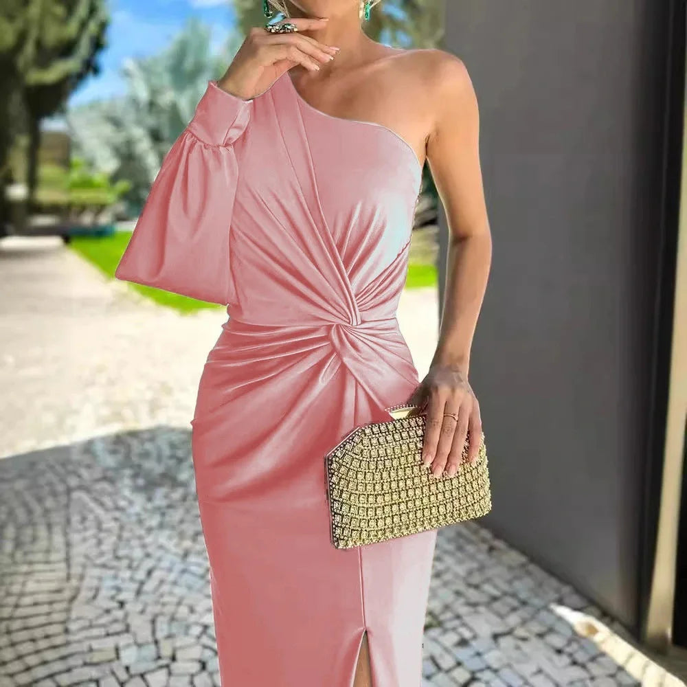 Vestido de verão, novo estilo, slim fit, cor pura, ombro inclinado com nó, fenda independente, suco de vendas internacionais.